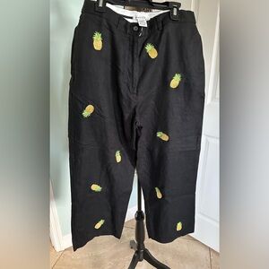 Deane & White Pineapple Embroidered Crop Linen Wide Leg Pants Sz 10